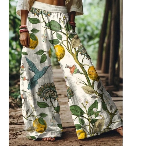 Bohemian Lemon Print Wide Leg Pants S M L XL XXL